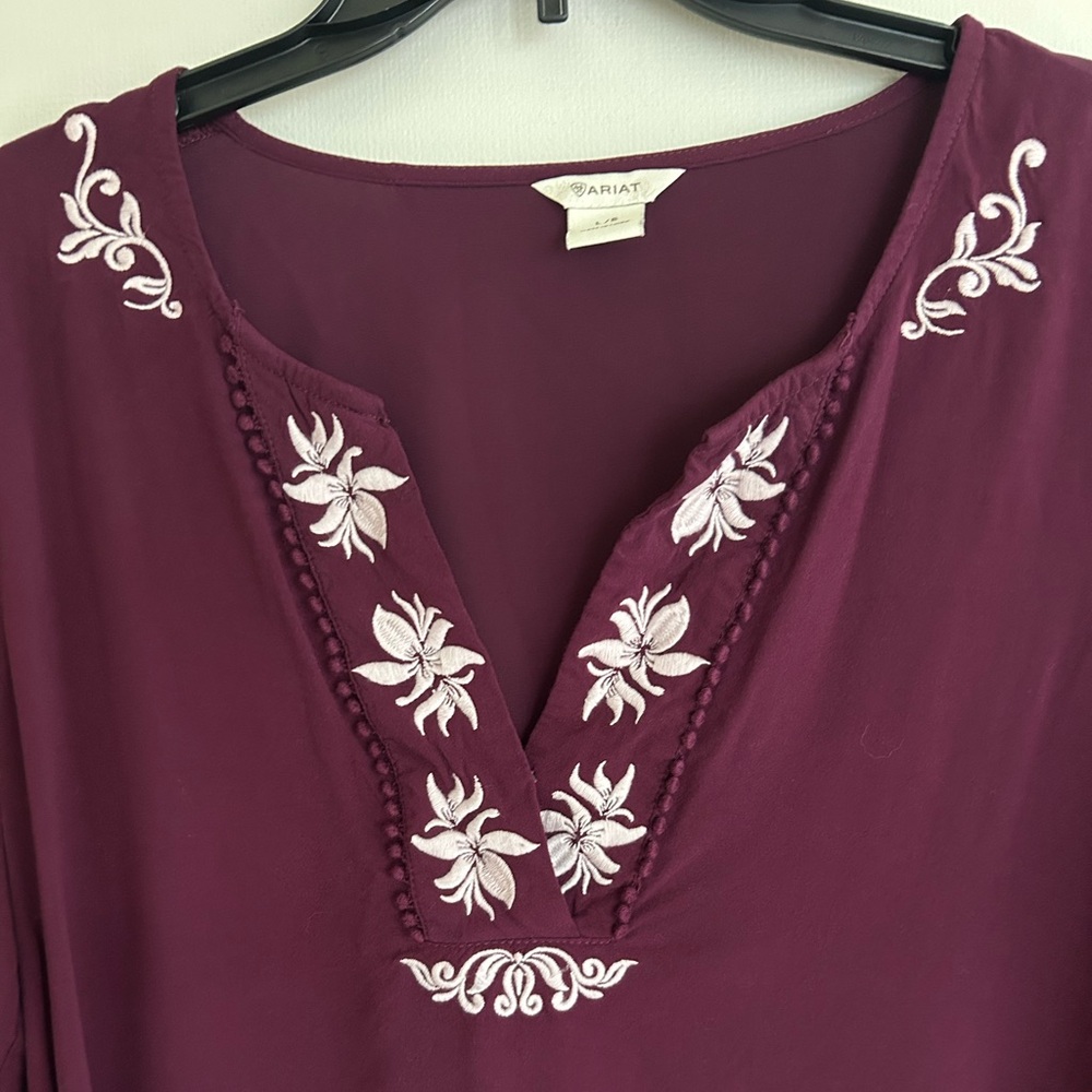 ARIAT Poet Top Burgundy Floral Embroidery Sheer Overlay Blouse Tunic Boho Size L - Picture 8 of 16